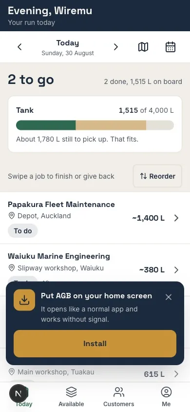 AGB driver app, today's run